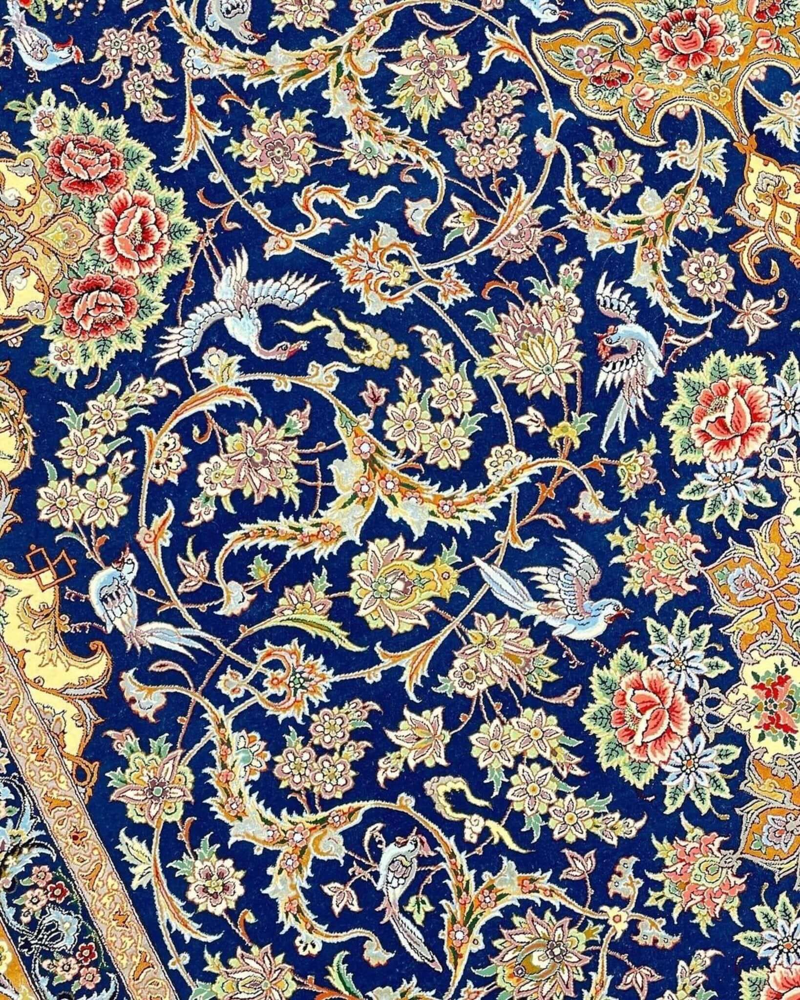 "Beautiful blue Persian rug for luxury living spaces, hand-knotted with silk and wool details."